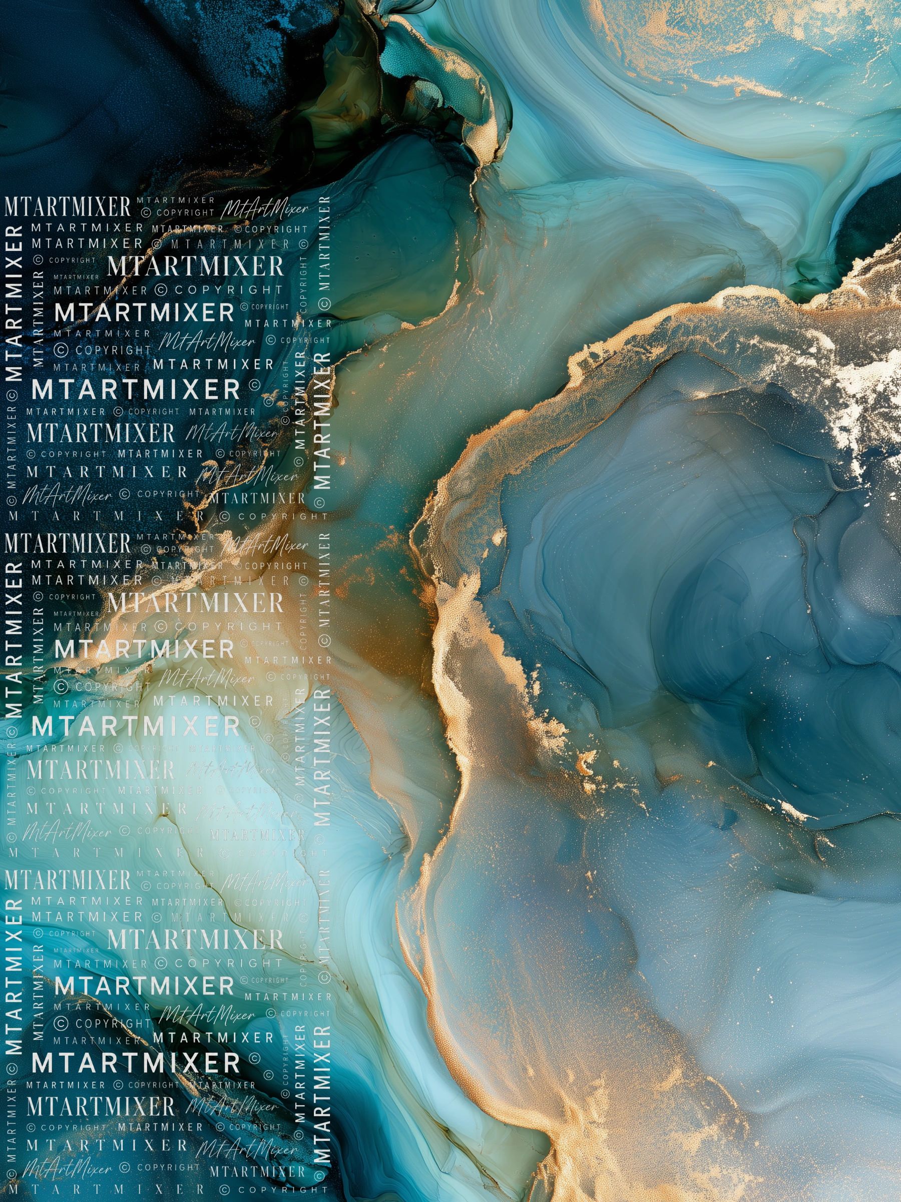Abstract blue and gold fluid art with text overlay.