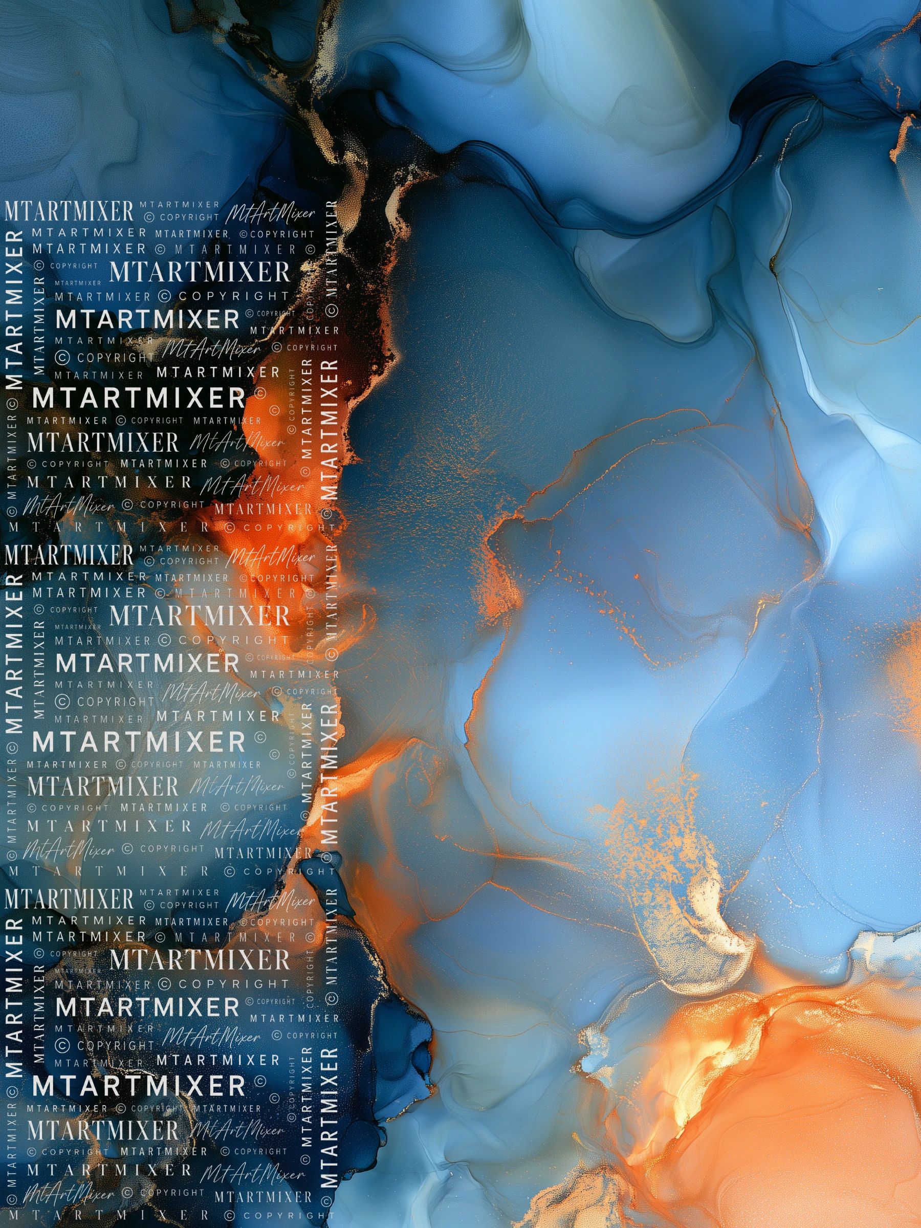 Abstract art with blue and orange fluid patterns and text overlay.