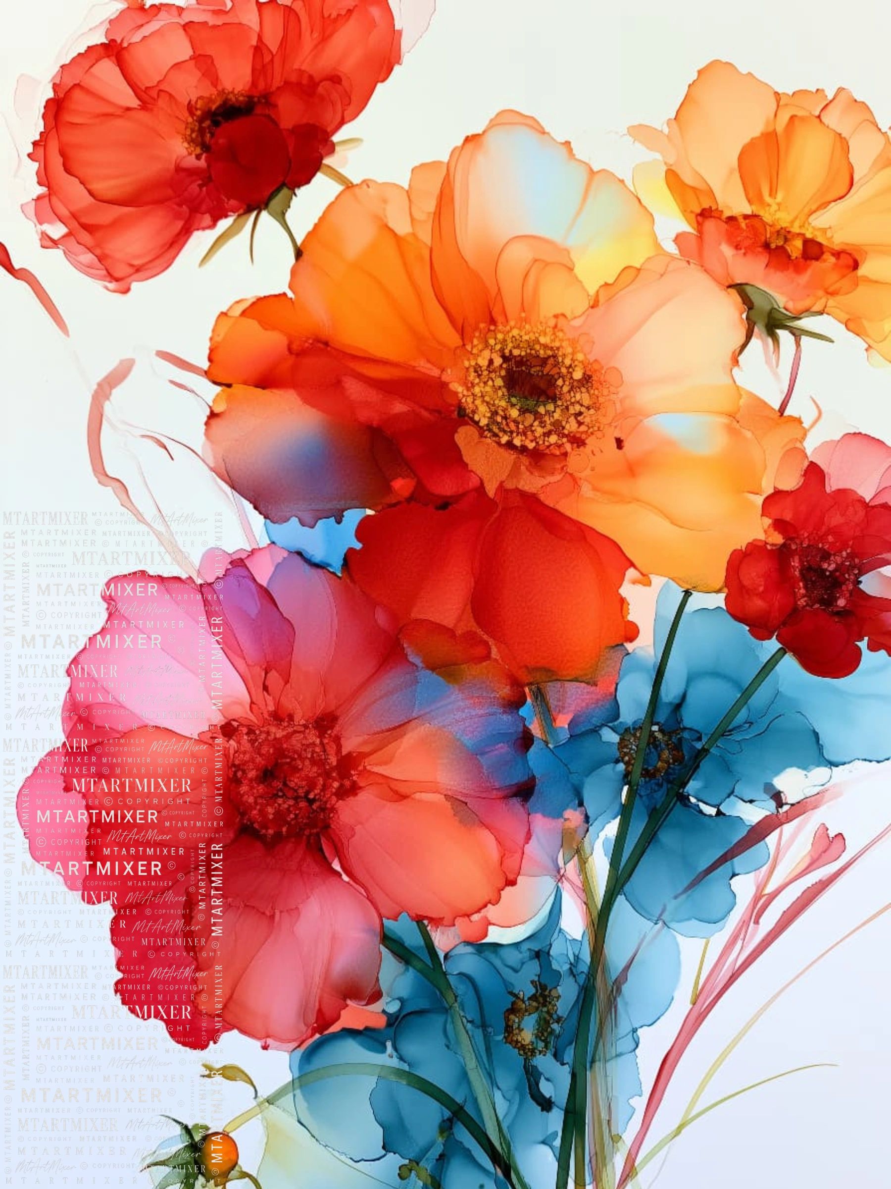 Colorful abstract floral painting with red, orange, and blue flowers.