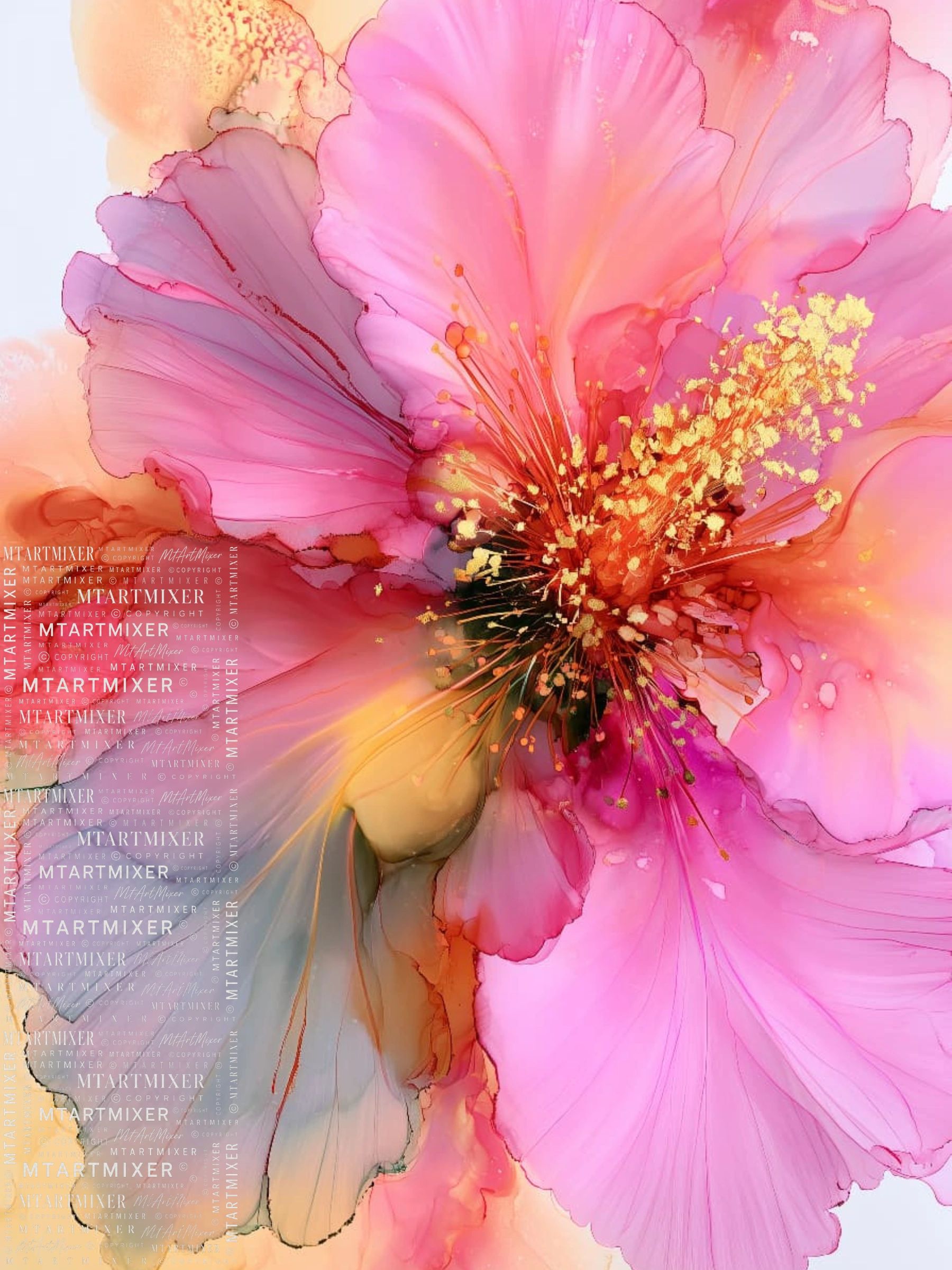 Bright pink and orange floral abstract art with golden accents.