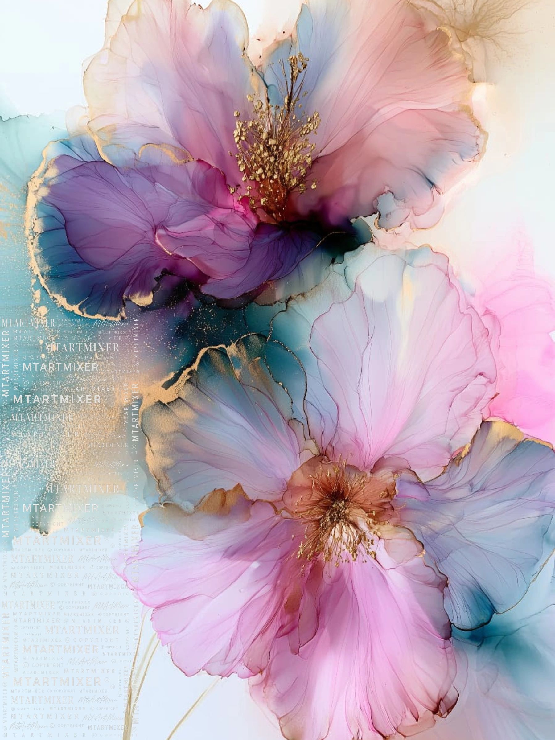 Abstract watercolor flowers with gold accents.
