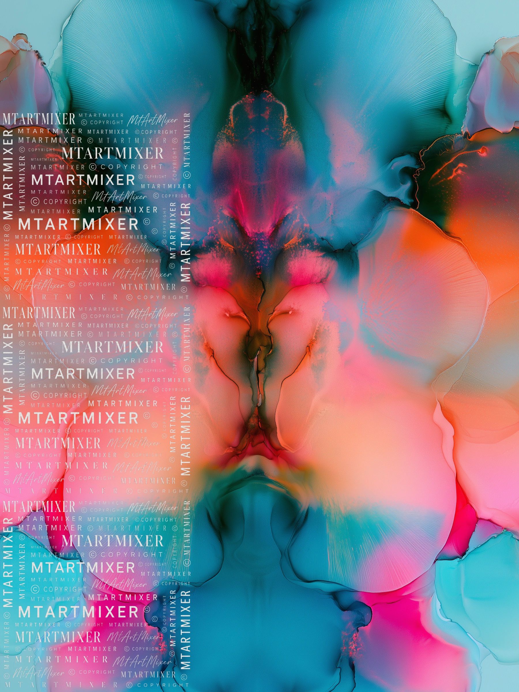 Colorful abstract ink art with pink, blue, and orange hues.