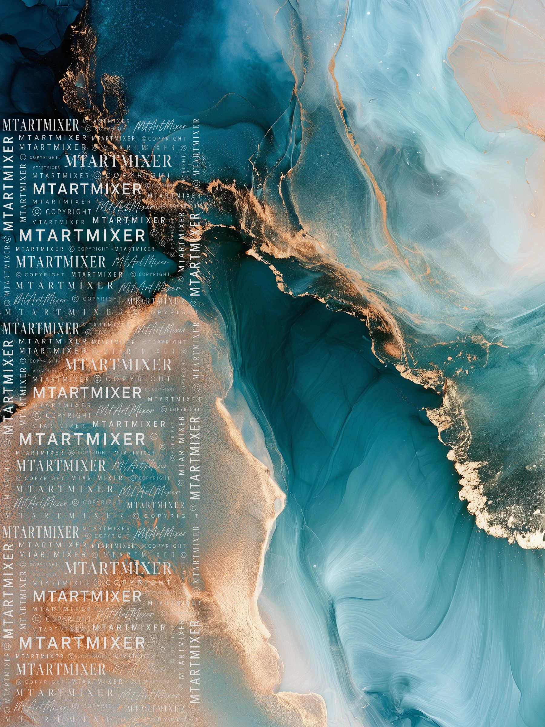 Abstract painting with blue and gold fluid patterns.
