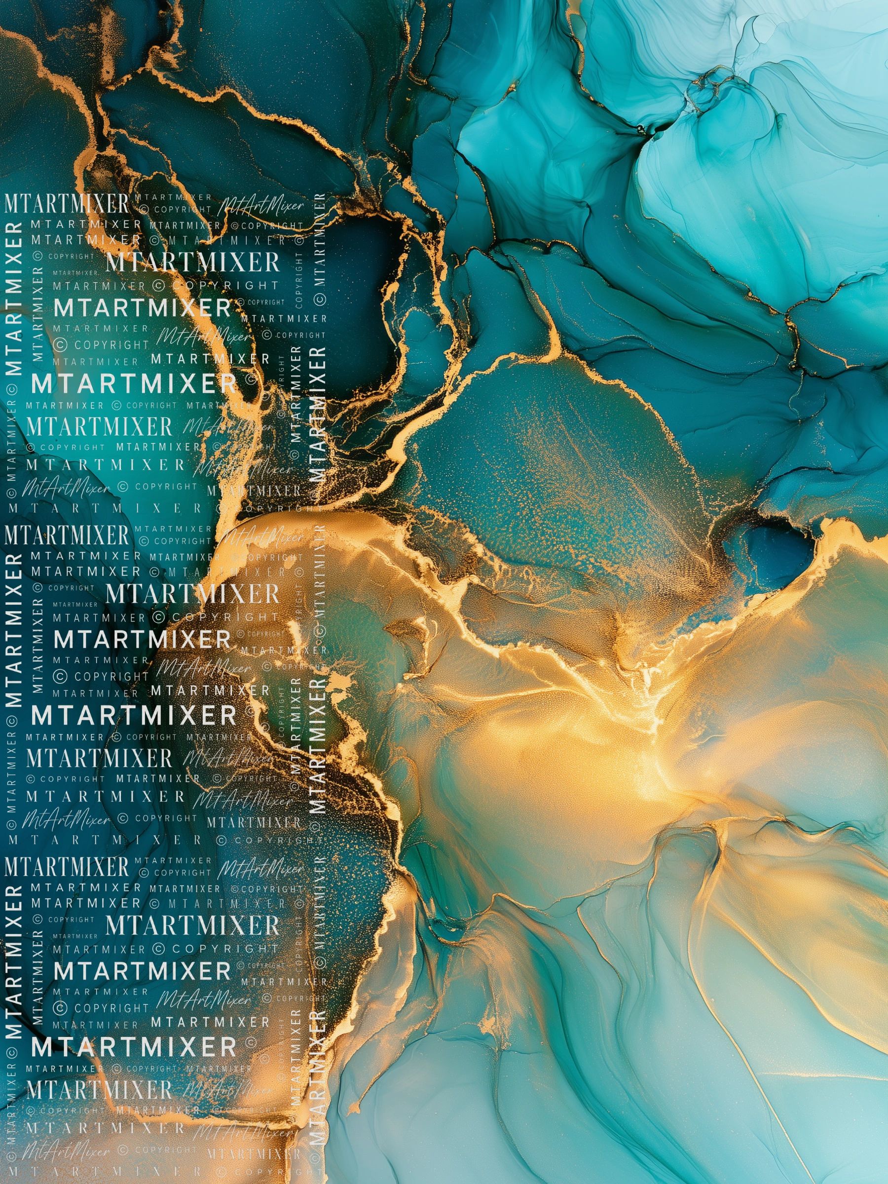 Abstract blue and gold fluid art with watermark text.