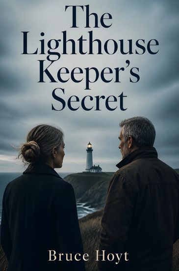 Two people facing a lighthouse under a cloudy sky.