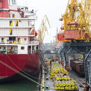 Cargo ship docked at a busy port with cranes and yellow cargo.