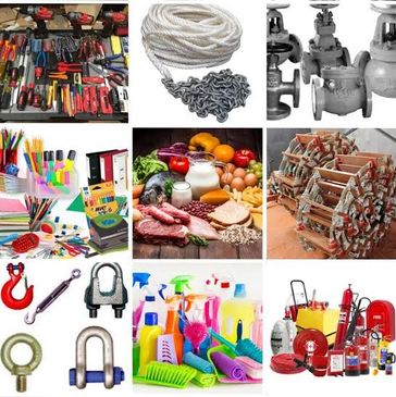 Various household and industrial supplies, including tools, stationery, food, cleaning products, and safety equipment.