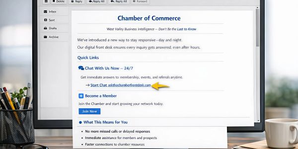 Email from Chamber of Commerce promoting quick links and membership benefits.