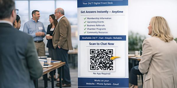 People networking near a digital front desk QR code display at a business event.