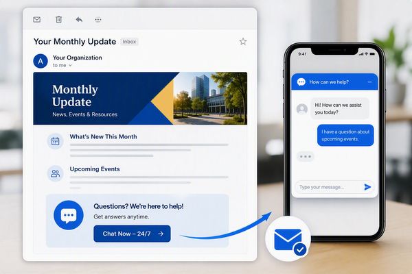 Monthly update email with chat support shown on phone.