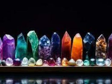 Colorful crystal points and polished stones displayed on a reflective surface.