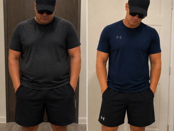 Before-and-after photos of a male patient showing her progress during a medically supervised weigh