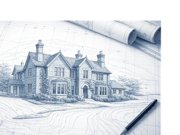 Architectural drawing of a large house with rolled blueprints and pen.