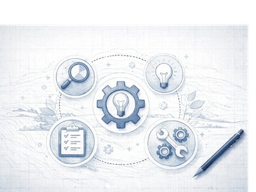 Blueprint-style drawing of innovation and problem-solving tools with a pen.