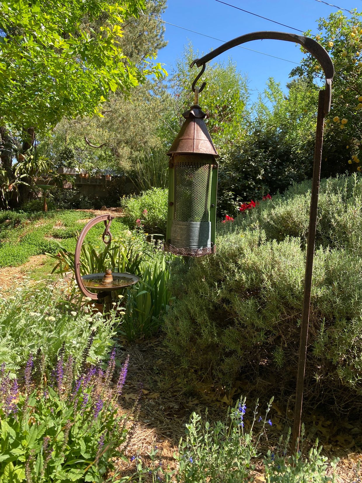 Farm equipment parts bird feeder and bird bath in the garden