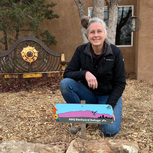 Melanie Yanke in her ABQ Backyard Refuge Garden