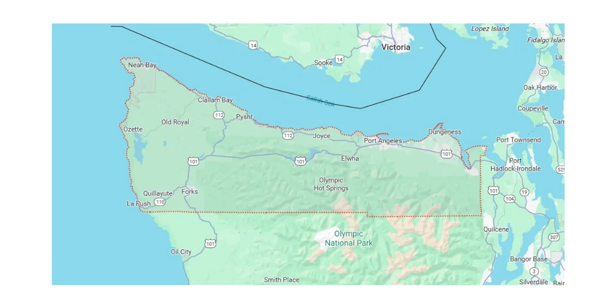 Map of Clallam County on the Olympic Peninsula in Washington State.
