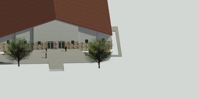 3D house model with trees and walkway.