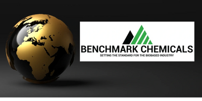 Gold and black 3D world globe next to Benchmark Chemicals logo, symbolizing global presence.