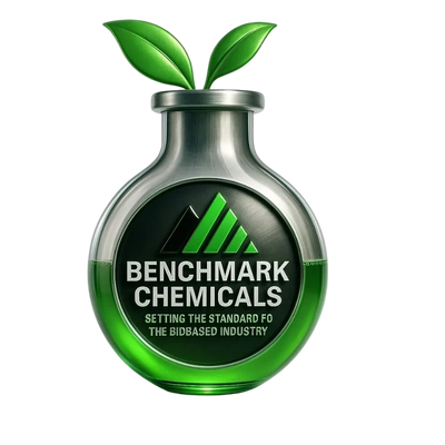 Benchmark Chemicals logo on metallic eco flask with green leaf, symbolizing sustainability.