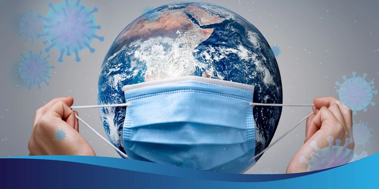 Covid 19; hands; mask; globe (Earth); Hands putting a mask over the globe (Earth)