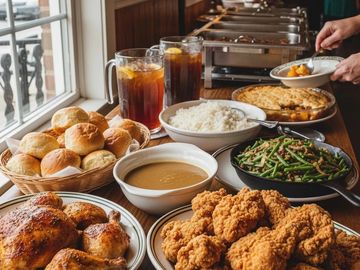 A buffet table with fried chicken, rolls, vegetables, and drinks.