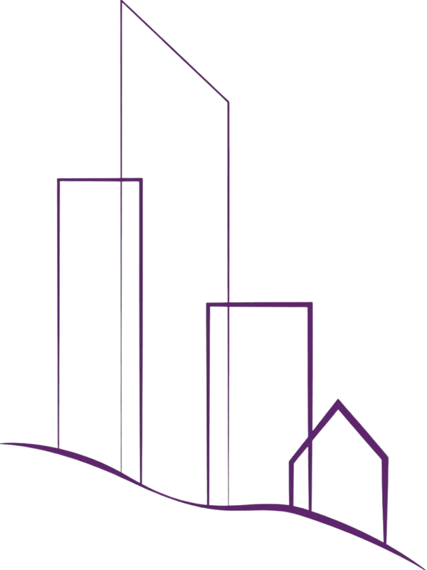 Purple line art of buildings and a house on a curved ground.