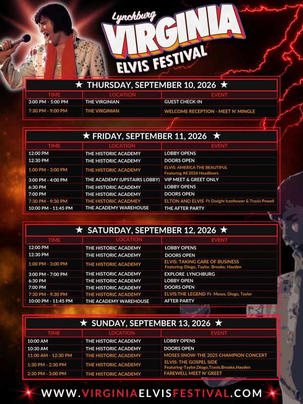 Schedule poster for Virginia Elvis Festival 2026 in Lynchburg.