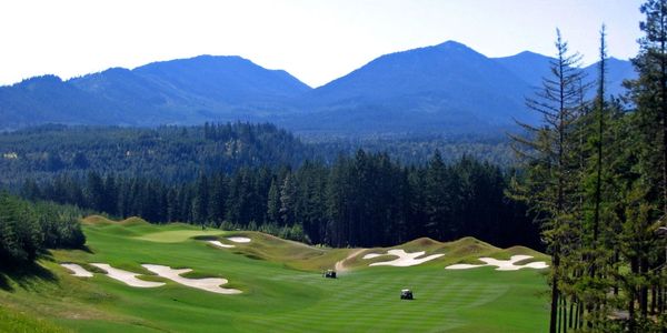 Golf course surrounded by trees and mountains under a clear sky.