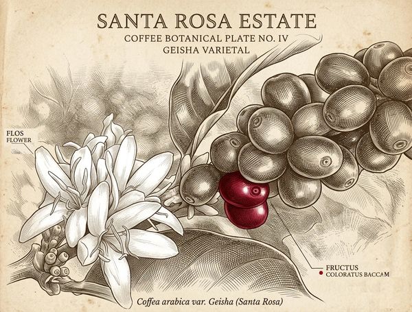 Artistic botanical illustration of Geisha coffee cherries and flowers.