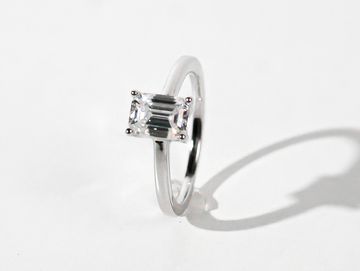 Elegant silver ring with a rectangular clear gemstone.