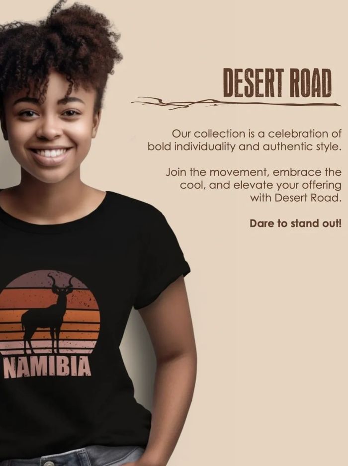 Smiling woman wearing Namibia-themed t-shirt promoting Desert Road collection.