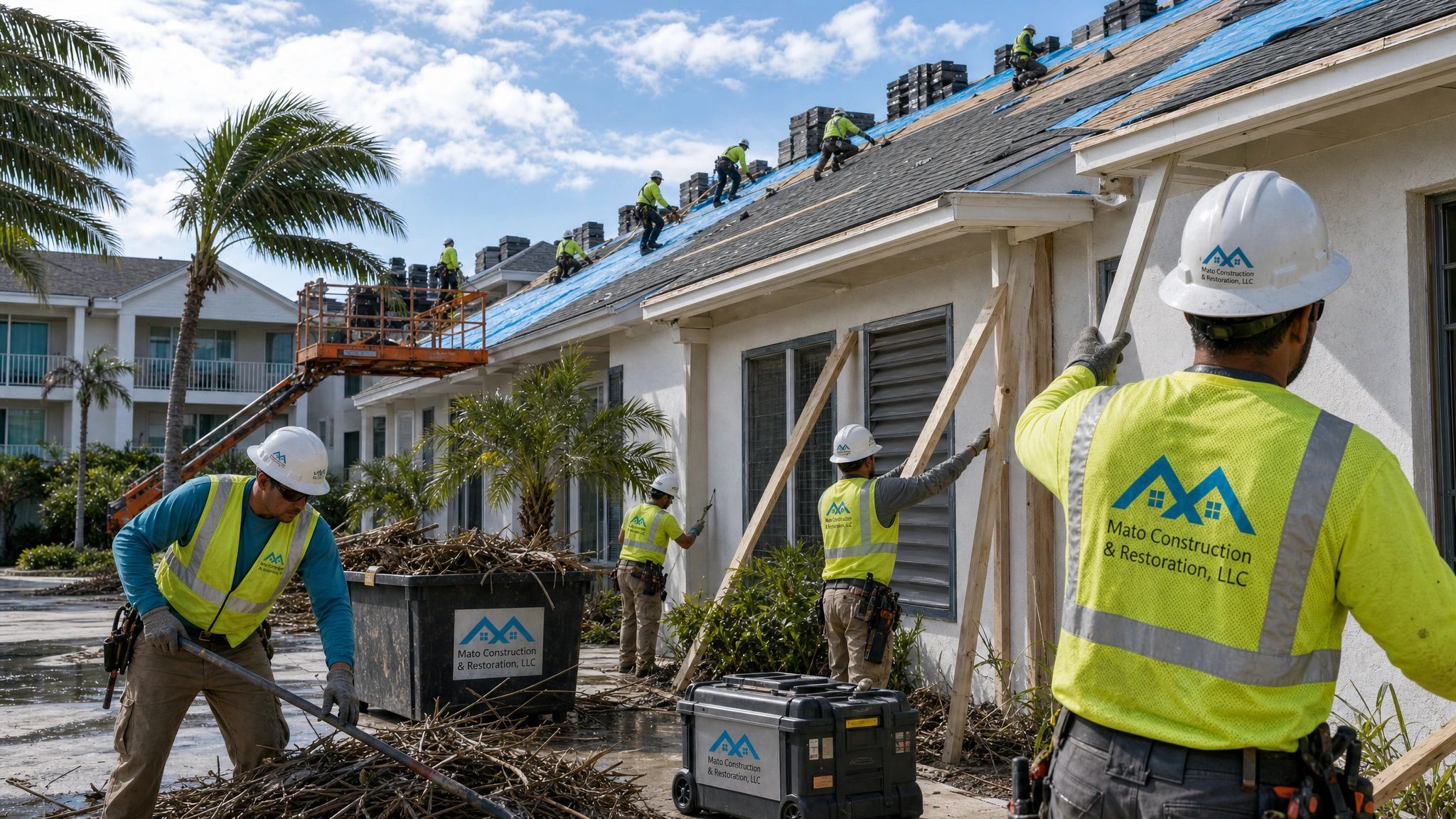 Mato roofing team repairing a multi-family property after storm damage