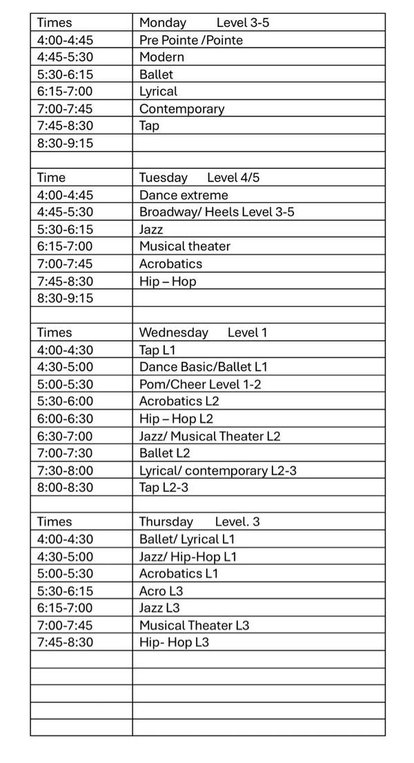 Dance Schedule/Classes, Ballet, Tap, Hip Hop, Tumbling, Pre School, Contemporary 