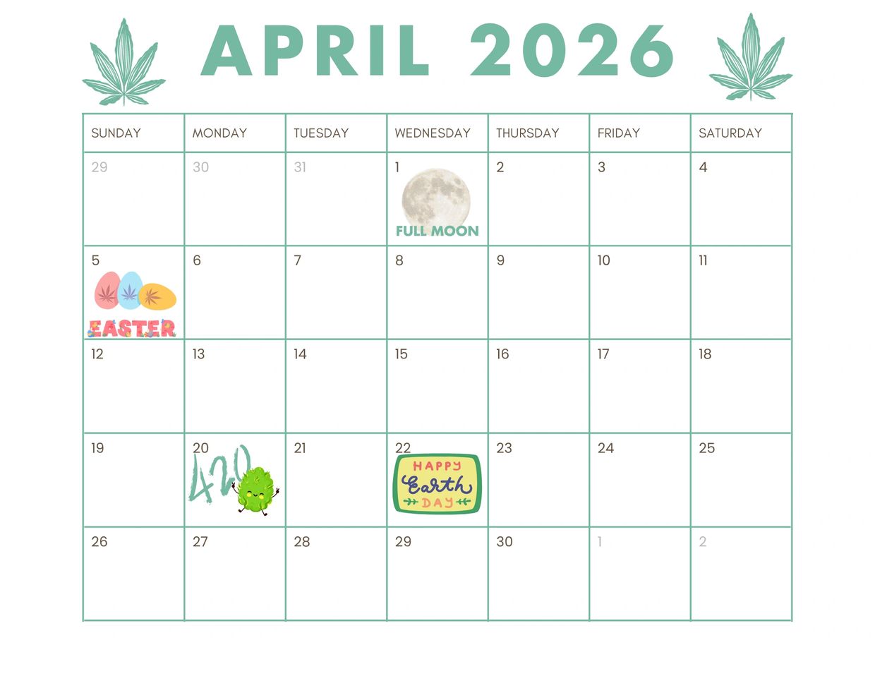 April 2026 calendar with Easter, Full Moon, 420, and Earth Day marked.