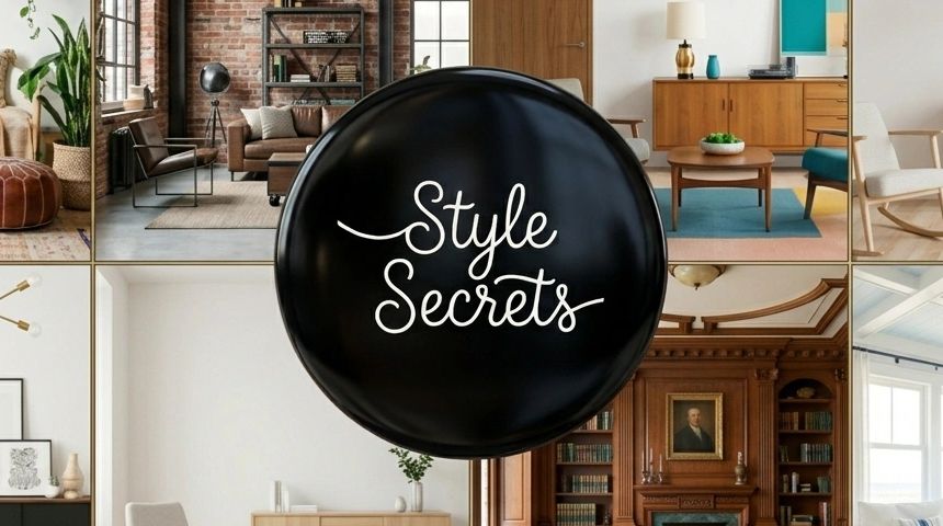A black balloon with 'Style Secrets' text in front of stylish living room interiors.