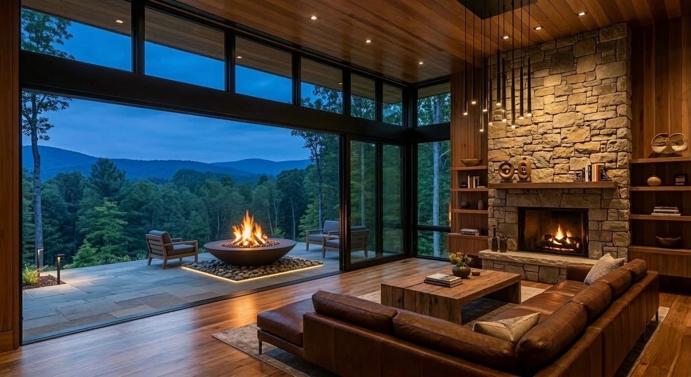 Modern living room with a stone fireplace and outdoor fire pit overlooking a forest.