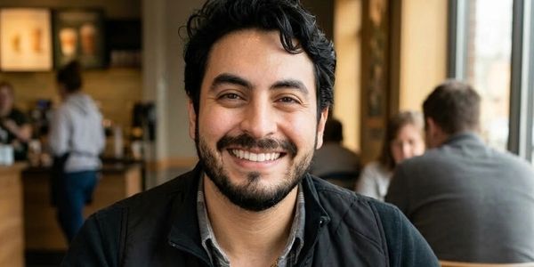 Smiling man with dark hair and beard sitting in a cozy cafe.