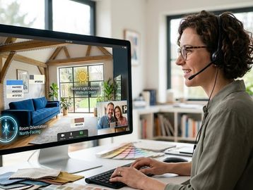 Woman with headset working on interior design via video call.