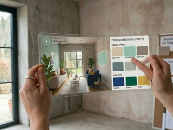 Person holding a transparent digital palette to visualize interior paint colors.
