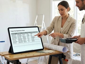 Two professionals reviewing a project specification sheet on a tablet in a workspace.