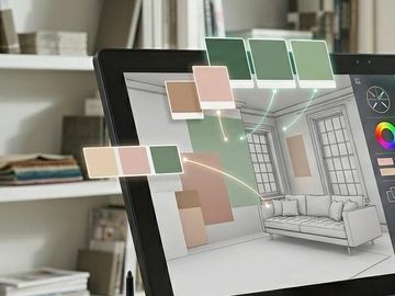 Digital interior design software showing paint color options for a room.