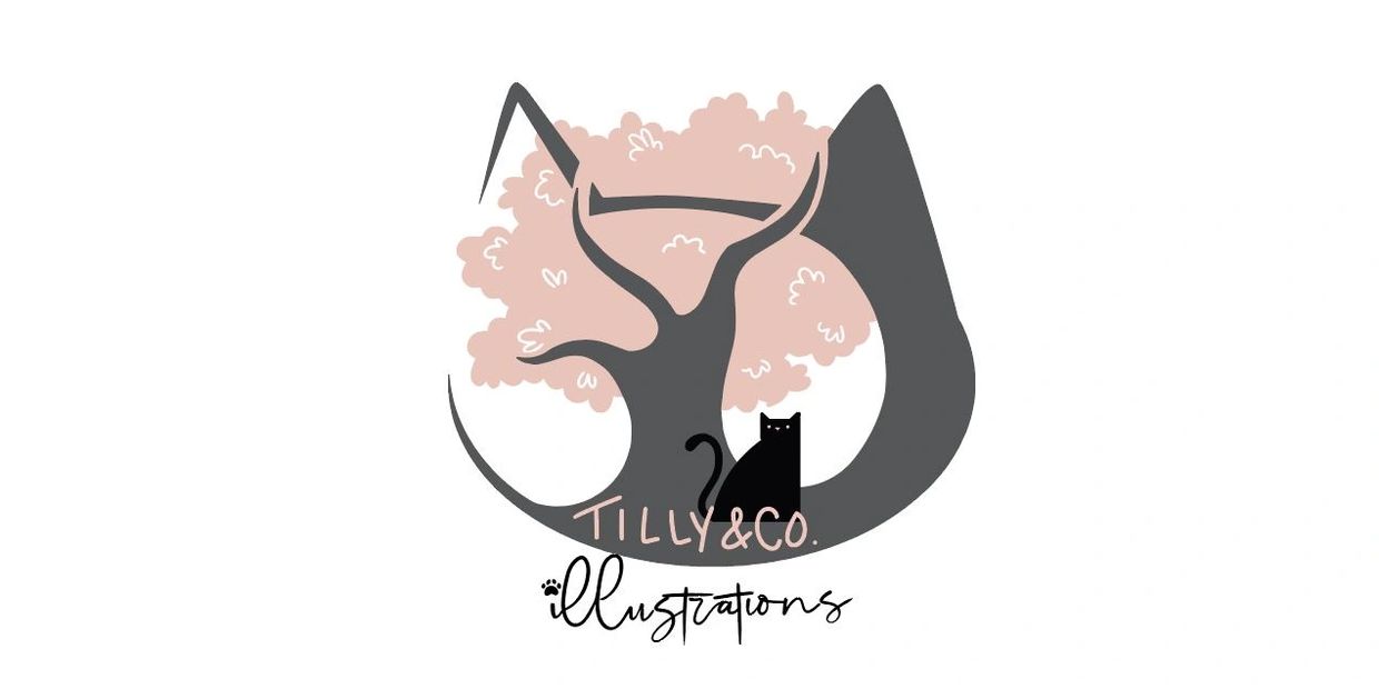 A black cat sitting under a pink blossom tree with the writing Tilly&Co. Illustrations underneath. 