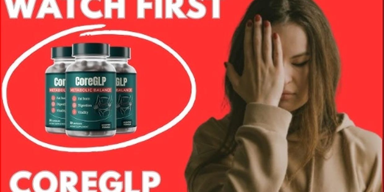 Woman covering one eye next to CoreGLP supplement bottles on red background.