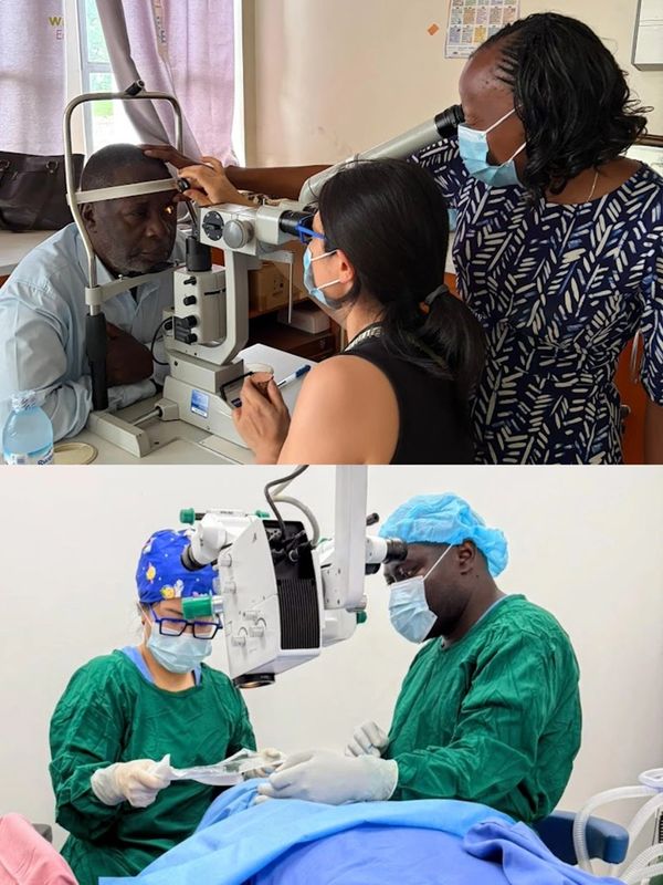 Eye examination and eye surgery scenes with medical staff and patients wearing masks.