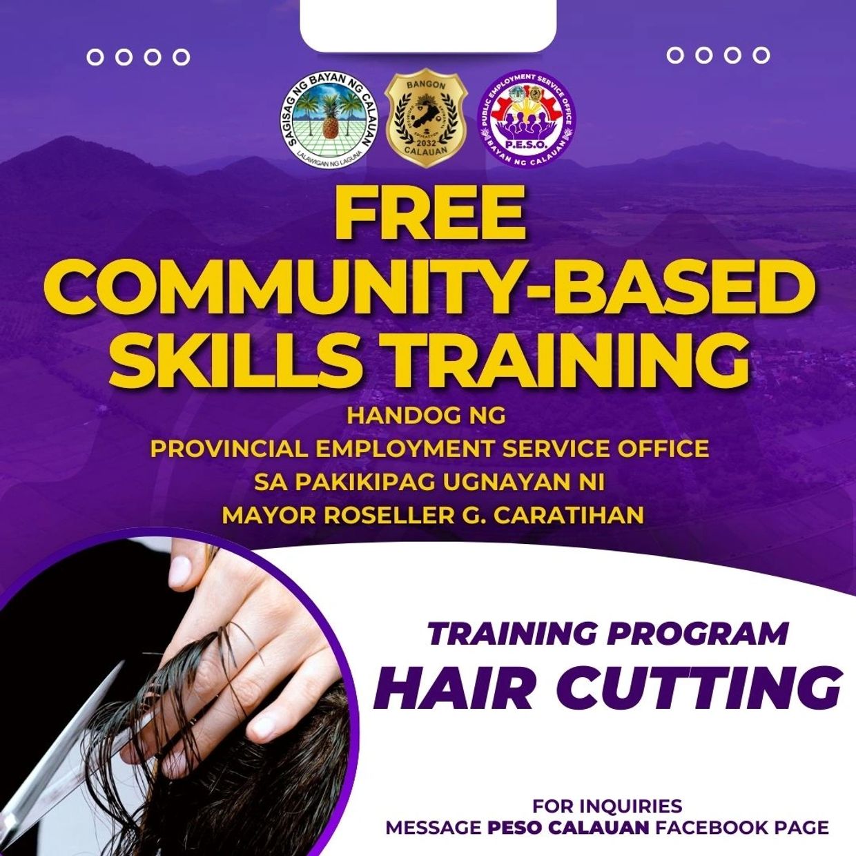Free community-based hair cutting skills training by the Provincial Employment Service Office in Calauan.