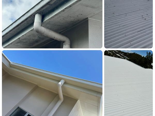 Before and after cleaning of gutters, roof, and driveway on a residential property.