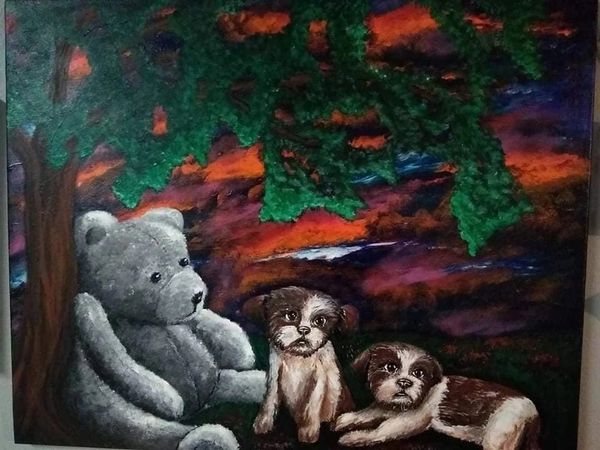 A painting with two dogs and a teddy bear