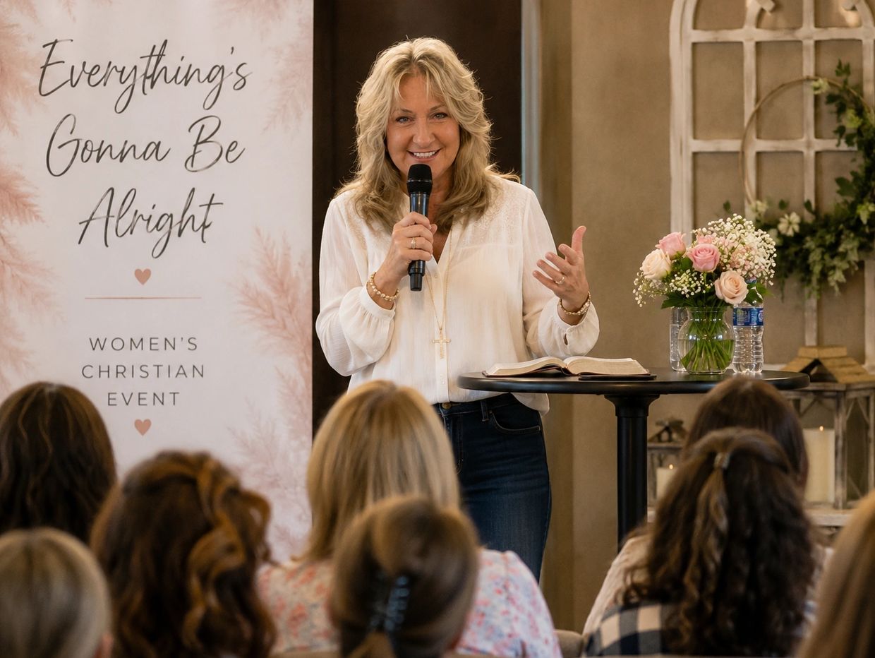 Woman speaking at a women's Christian event.