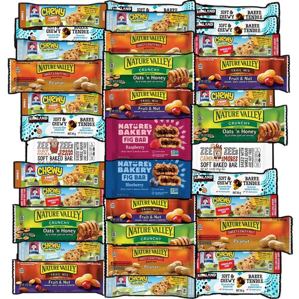 Assorted granola bars from Nature Valley, Quaker Chewy, Kirkland, and Nature's Bakery.